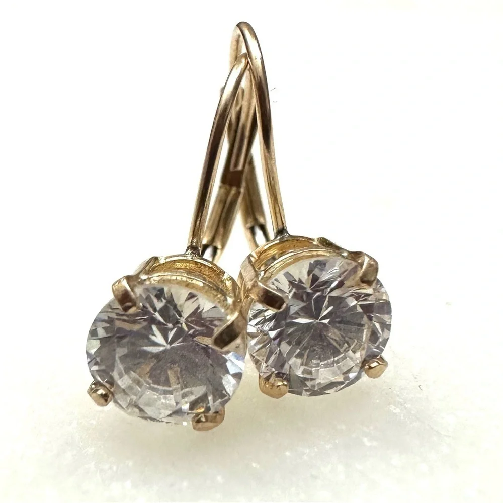10k Solid Yellow Gold Leverback Round Brilliant CZ Cubic Zirconia Earrings 1.52g